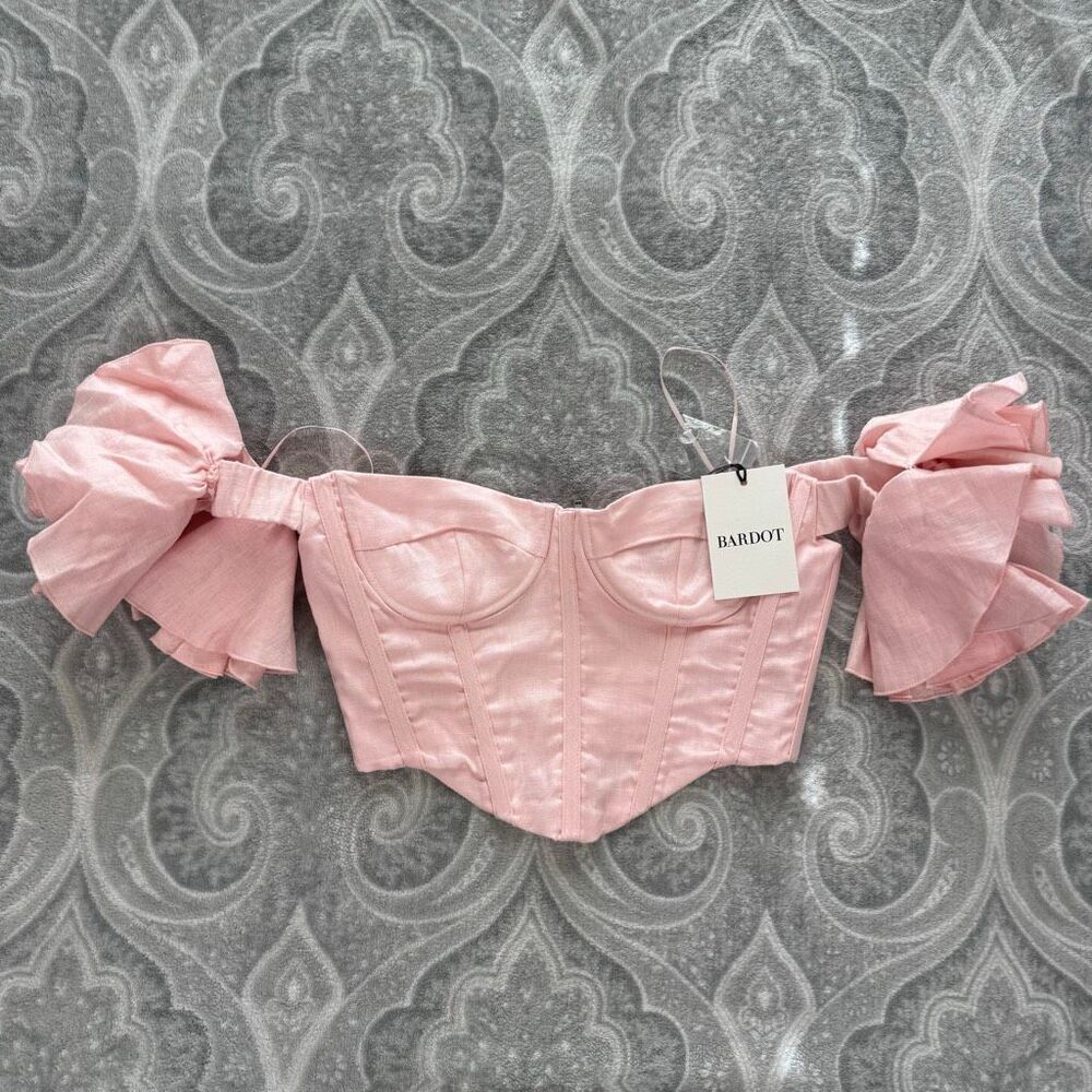 Bardot Pink Off-Shoulder Corset Top with Puff Sleeves